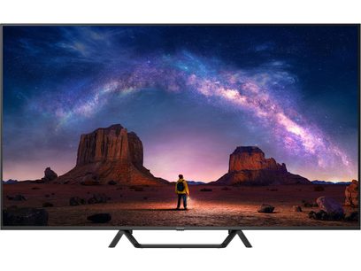 Panasonic TV-65W95BEG high-definition television in black, with a slim metal and plastic frame, featuring a glossy flat screen displayed from the front on a double V-shaped stand