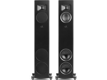 Enceinte colonne MartinLogan Motion F20 noir laqué avec deux unités visibles, une avec grilles et l'autre avec haut-parleurs exposés