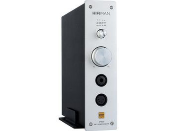 Preamplificatore per cuffie Hi-Fi Hifiman EF500, vista frontale, chassis rettangolare nero e argento, 2 manopole circolari argentate, 2 prese jack, 2 viti argentate