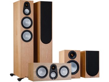 Pack d'enceintes colonnes Monitor Audio Silver 300 7G Ash en chêne clair, 3 enceintes compactes, 2 colonnes, vue de face