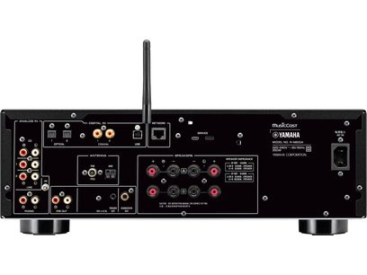 Ampli hi-fi stéréo Yamaha R-N800A argent, face arrière, vue de dessus, connectique et réglages, antennes Wi-Fi déployées