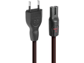 Kabel zasilający Audioquest NRG-X2 C7 2m czarny w plastikowej osłonie z dwoma czerwonymi paskami, wtyczka europejska bipolarna i złącze IEC C7 oznaczone na czerwono, widok z przodu
