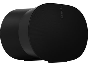 Enceinte sans fil connectée Sonos Era 300 noir mat, vue de face et de côté, forme cylindrique arrondie, grille noire