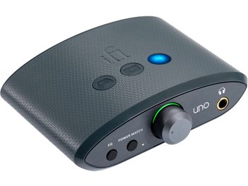 iFi Audio Uno audio DAC converter, textured black enclosure, top view, glowing blue button, jack and USB ports
