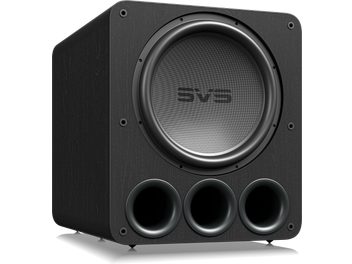 Caisson de grave SVS PB17-Ultra R|Evolution frêne noir, vue de face, haut-parleur circulaire central, 3 évents ronds en bas