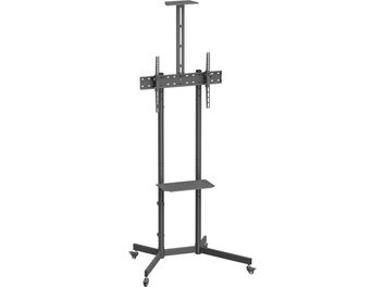 Norstone Pro Vision One matte black metal mobile TV stand, three-quarter front view, featuring two cylindrical uprights, a perforated crossbar for the screen, a central shelf, and a cross-shaped base with four casters