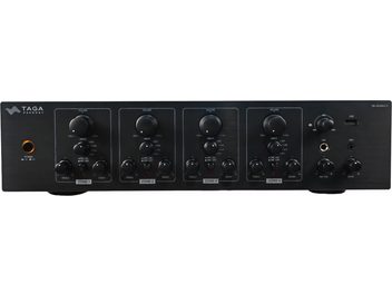 Amplificatore hi-fi stereo Taga Harmony TA-900MULTI, vista frontale, 4 zone con manopole per il volume, alti, bassi, ingressi USB e MP3