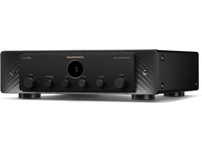 Ampli hi-fi stéréo Marantz Model 60n, vue de face, boîtier noir, 6 boutons ronds, écran central, pieds circulaires