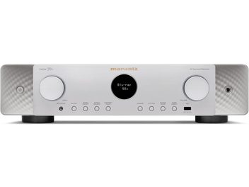 Marantz Cinema 70s sølv hjemmebiograf-forstærker, front, LCD-skærm, knapper, hovedtelefon- og USB-stik