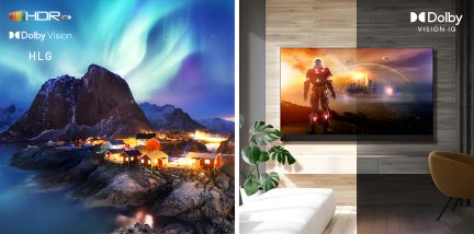 Image de gauche : paysage nocturne avec aurores boréales, montagnes, maisons rouges éclairées, logos HDR10+, Dolby Vision, HLG. Image de droite : salon moderne, téléviseur affichant un jeu vidéo, logo Dolby Vision IQ