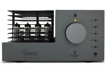 Amplificateur intégré stéréo à tubes Synthesis Art In Music, Soprano LE titane, vue de face, tubes visibles à gauche, bouton volume à droite