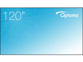 Écran ultra courte focale Optoma ALR120 sur fond bleu clair avec texte blanc "120"" en haut à gauche
