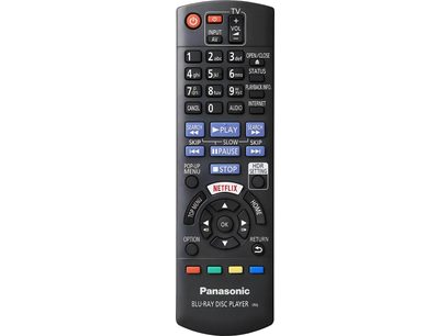 Télécommande Panasonic pour lecteur Blu-ray 4K DP-UB820EFK, vue de face, boutons noirs, bleus, rouges, blancs, gris