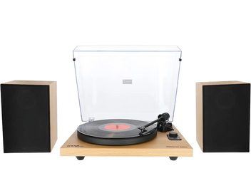 Hi-Fi vinila atskaņotājs Enova HIFI Vision 2 SET dižskābardis ar caurspīdīgu vāku, melnu plati, atskaņošanas roku, 2 taisnstūrveida skaļruņi