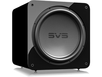 Caisson de grave SB17-Ultra R|Evolution noir laqué, vue de face, grille circulaire centrale, coins arrondis, surface réfléchissante