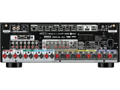 Denon AVC-X3800H sort hjemmebiografsforstærker, frontvisning, mange stik og knapper, central skærm, 13 drejeknopper