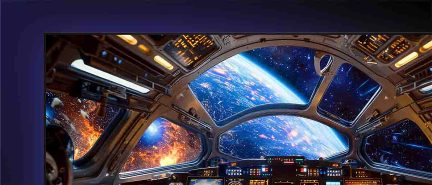 Intérieur métallique gris d’un cockpit de vaisseau spatial futuriste en vue subjective, panneaux de contrôle rétroéclairés multicolores et grandes baies vitrées incurvées offrant la vue sur une planète bleutée et un espace étoilé