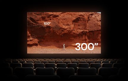 Vue de face d’une toile de projection blanche encadrée de noir affichant une scène ocre de falaise avec les indications « 100’’ » et « 300’’ », devant plusieurs rangées de fauteuils rembourrés noirs