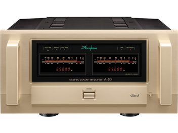Ampli hi-fi intégré stéréo A-80, vue de face, finition dorée, deux grands écrans noirs, boutons et indicateurs lumineux