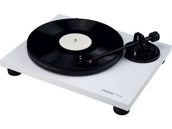 Giradischi hi-fi Reloop TURN2 bianco, piatto nero lucido, braccio di lettura nero, su sfondo bianco