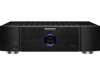Front view of a Marantz MM7025 black hi-fi amplifier, glowing blue knob, white logo, sleek and elegant design