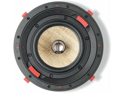 Ενσωματωμένο ηχείο οροφής Focal 300 ICW6, άποψη από πάνω, κυκλικό σχήμα, κεντρικός κώνος μπεζ, μαύρο πλαίσιο, κόκκινα στοιχεία