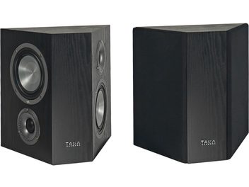Diffusori Taga Harmony Platinum S-100 V.4 nero, vista frontale e laterale, cassa in legno scuro, altoparlanti visibili