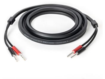 Καλώδιο ηχείου Audioquest Q2, 2 x 3m, βύσματα μπανάνα SureGrip 100, μαύρο, τυλιγμένο, άποψη από πάνω, συνδέσεις κόκκινο και μαύρο