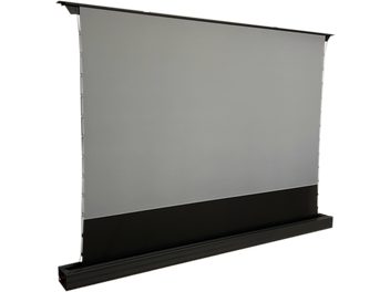 ALR screen for ultra-short throw projection, motorized rising mechanism, gray surface, black border, black rectangular base