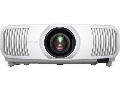 Vidéoprojecteur Epson EH-LS11000W blanc, vue de face, objectif centré noir, grilles d'aération latérales