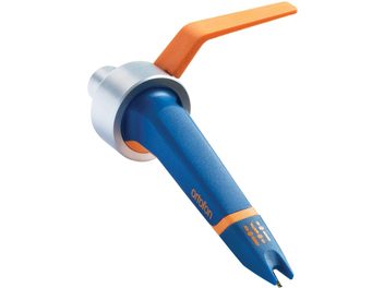 Ortofon Concorde MKII DJ blå og orange pickup, set fra siden, diamantspids synlig, aluminiumshus