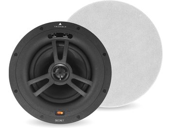 Enceinte encastrable Triangle SECRET, vue de face, grille blanche ronde perforée, tweeter central, membrane noire