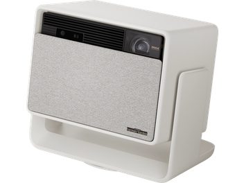 Vidéoprojecteur XGIMI Horizon S Max, vue de trois quarts, boîtier rectangulaire blanc, lentille à droite, grille noire en haut