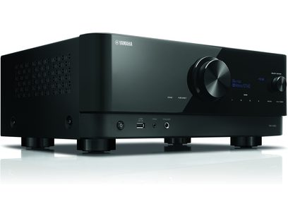 Yamaha RX-V6A svart hemmabioprojektor, frontvy, blå display, knappar och uttag på framsidan
