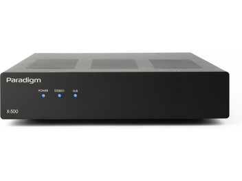 Paradigm X-500 high-fidelity power amplifier, black rectangular casing, front panel with 3 blue indicators and inscriptions