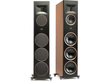 Enceinte colonne MartinLogan Motion XT F200 noyer avec façade noire, 4 haut-parleurs circulaires et côtés en finition bois