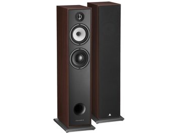 Enceinte colonne Triangle Borea BR07 noyer, 2 haut-parleurs noirs sur façade grise, caisson bois foncé, base noire