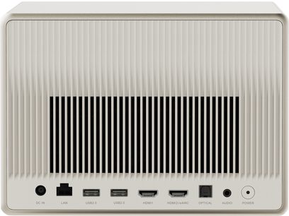 Vidéoprojecteur XGIMI Horizon Ultra gris clair, vue de face, grille noire, ports de connexion et boutons en façade