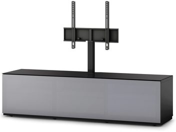 Meuble TV noir avec façade grise, 2 compartiments ouverts, support TV avec 3 barres verticales, vue de face