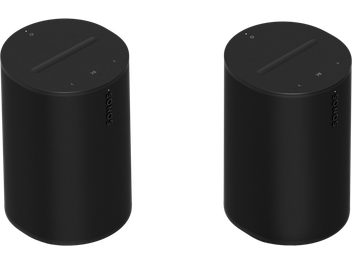 Deux enceintes cylindriques noires Sonos Era 100 noir mat, vues de face, grilles noires, contrôles sur le dessus
