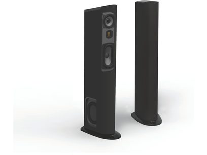 Dos altavoces de columna negros GoldenEar Triton Three+, panel frontal negro mate, tweeter dorado, base brillante