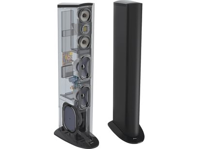 Μαύρο επιδαπέδιο ηχείο GoldenEar Triton Two+, μετωπική όψη με ηχεία, ευρεία βάση, ύψος 120 εκ.