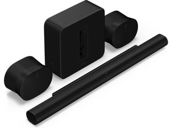 Barre de son ARC Ultra, Sub (Gen4), Era 300 noir mat, vue en perspective, 2 enceintes ovales, subwoofer rectangulaire, barre cylindrique