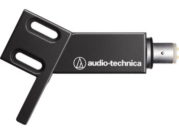 Audio Technica AT-HS4BK black vinyl turntable headshell with two oval openings and a cylindrical metal connector