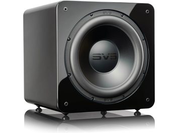 Μαύρο γυαλιστερό κυλινδρικό υπογουφέρ SVS SB-2000 Pro, μπροστινή όψη, κεντρικό ηχείο, μεταλλική σχάρα, λαστιχένια πέλματα