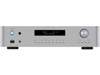 Stereo Preamplifier RC-1572 MKII Silver, Front View, Circular Power Button, Central Digital Display, 12 Round Buttons, 2 Ports at Bottom Left, Large Knob on Right