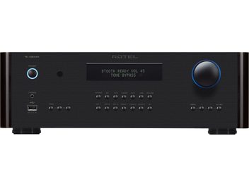 Stereo Preamplifier RC-1590 MKII Black, Front View, Volume Knob on the Right, Central Display, Multiple Buttons and Ports at the Bottom