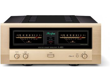 Ampli hi-fi intégré stéréo A-48S, vue de face, finition dorée, 2 grands vu-mètres, 3 boutons circulaires, 1 interrupteur central