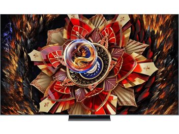 Téléviseur TCL 65C9K noir, cadre fin en métal brossé, écran plat haute définition affichant un motif coloré abstrait, vue de face sur un socle central en métal noir