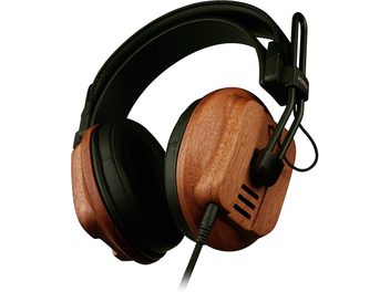 Åbne, kablede hi-fi-hovedtelefoner Fostex T60RP med træskaller, sorte ørepuder, sort polstret hovedbøjle og tilsluttet kabel